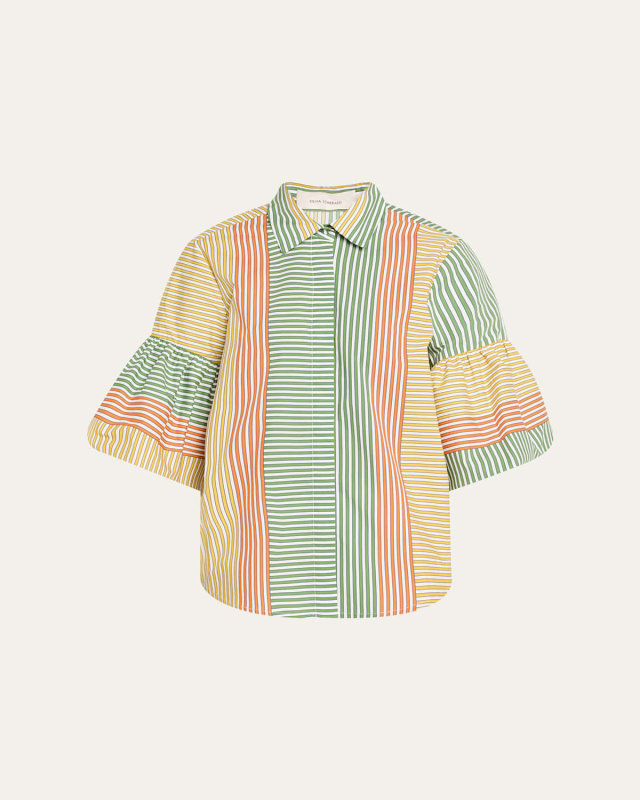 Helina Multi-Striped Puff-Sleeve Button-Down Top